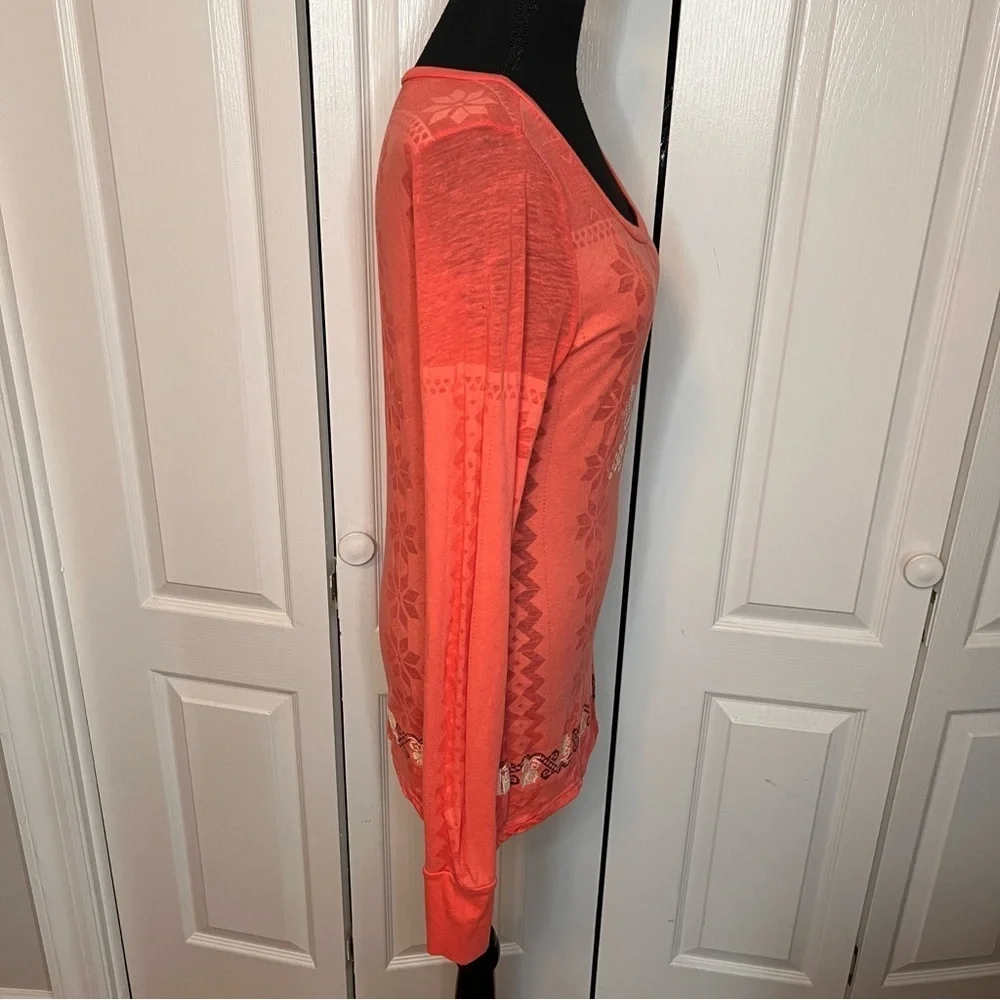 Free People Y2K 2 Tone Orange Long Sleeve Aztec Bird Shirt Sz L Southwest Boho